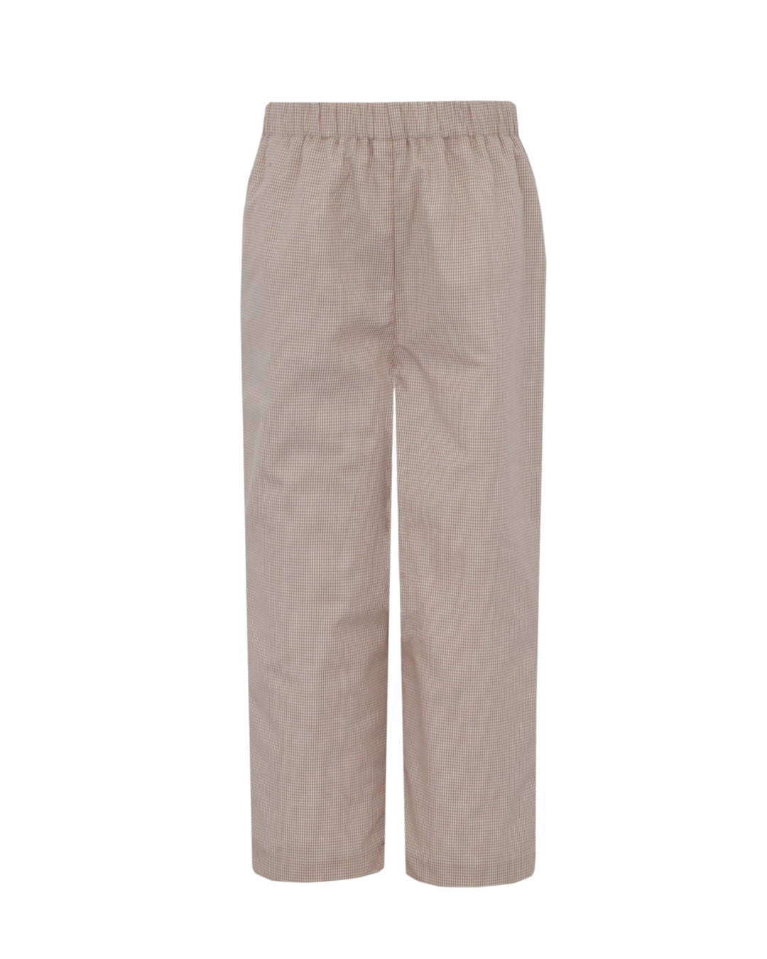 A pair of wide-leg cropped pants in a light taupe-beige color, featuring an elastic waistband and a subtle textured weave, shown against a plain white background, that store
