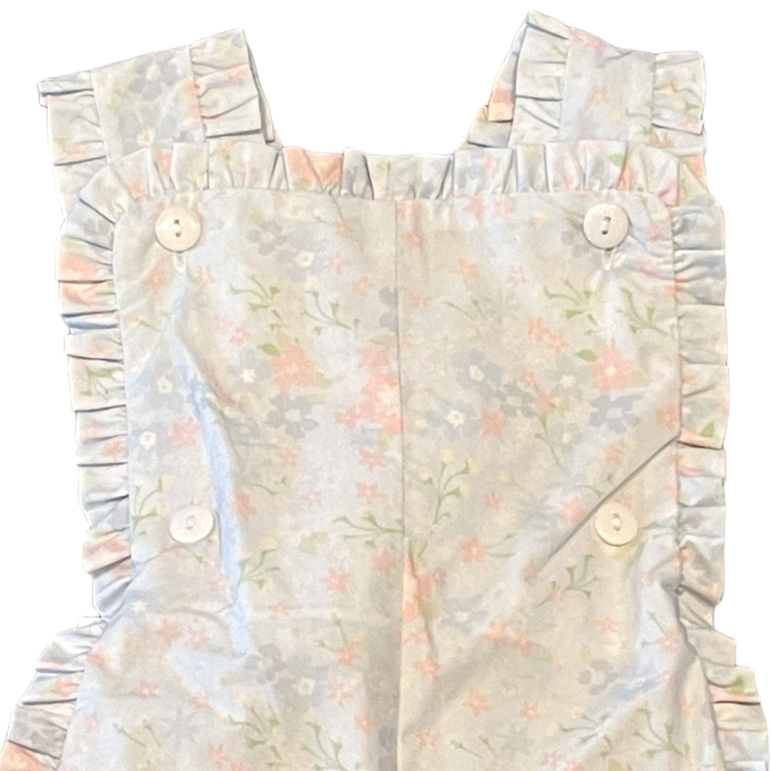 Blue Floral Bow Romper, closes up