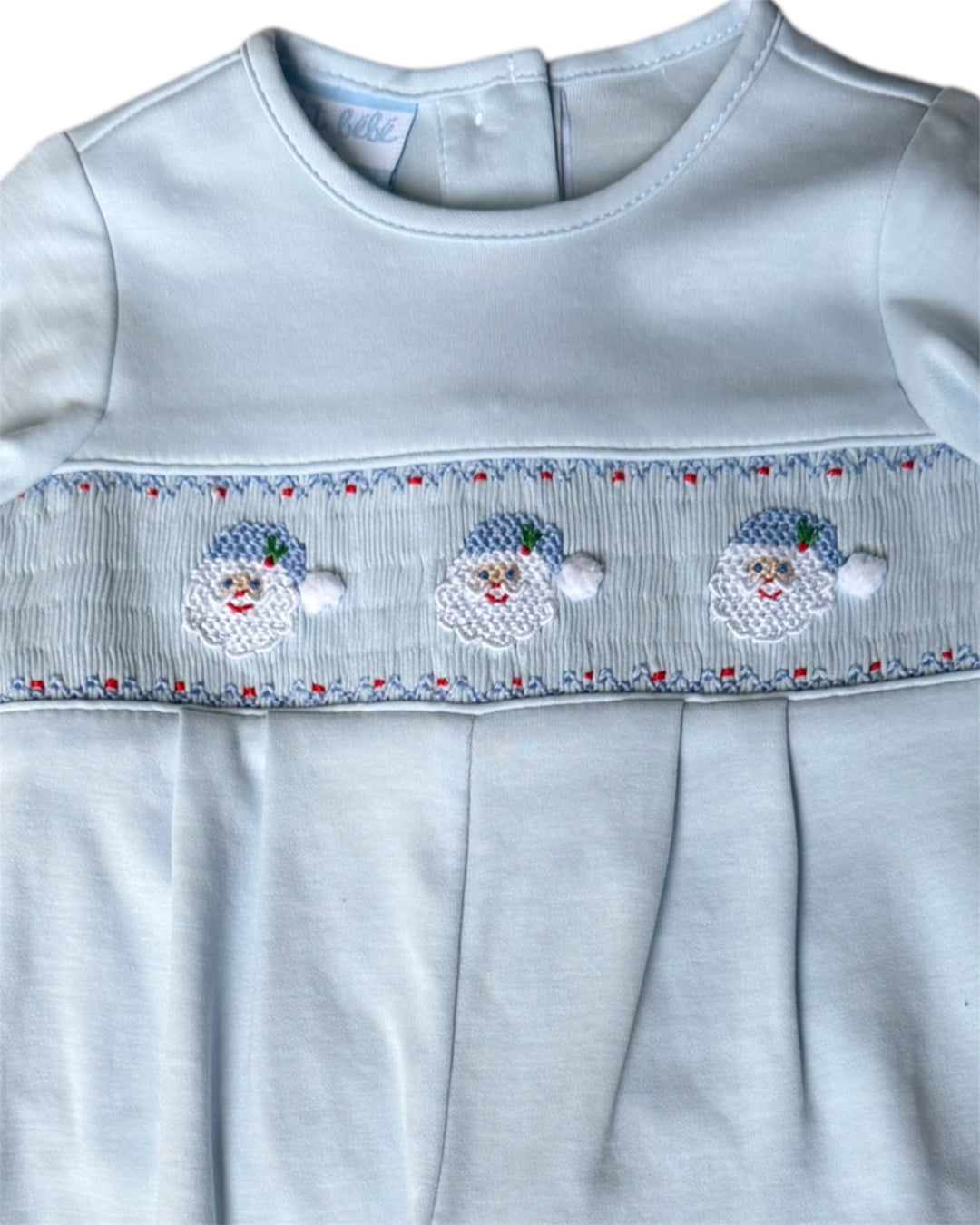 Smocked Santa Face Blue Boys Knit Romper