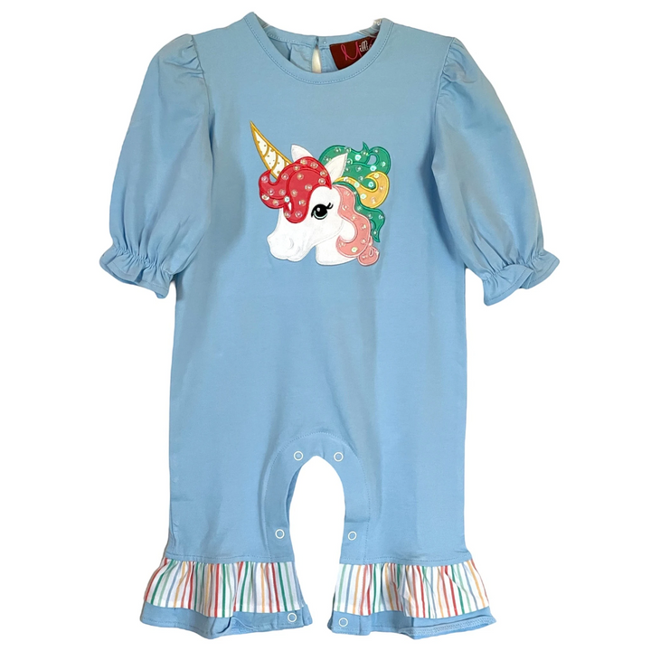Unicorn Applique Girls Blue Romper