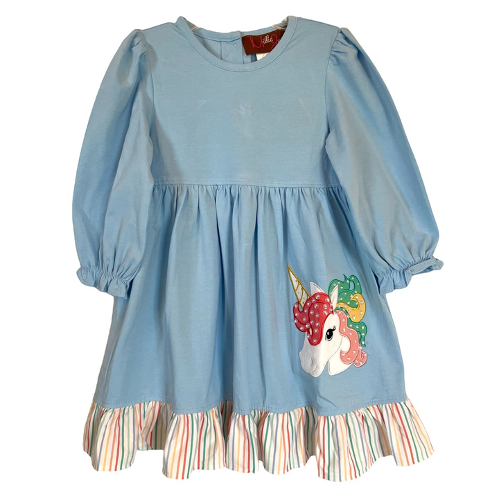 Unicorn Applique Blue Girls Dress