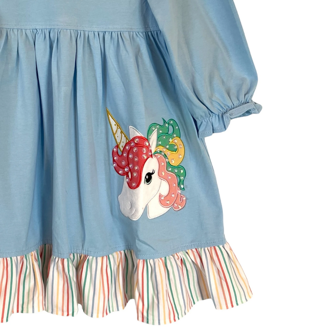 Unicorn Applique Blue Girls Dress