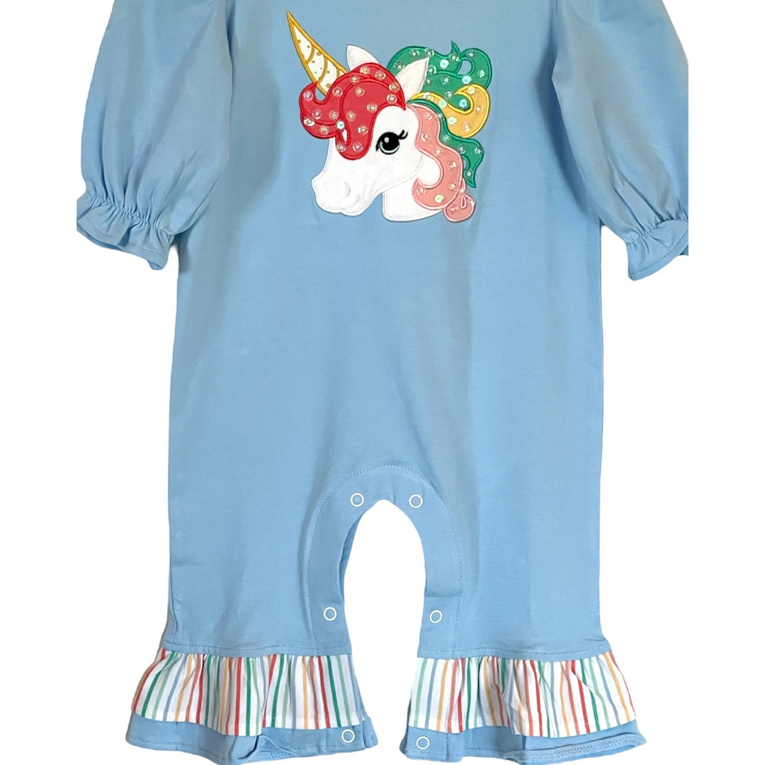 Unicorn Applique Girls Blue Romper