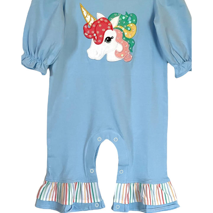 Unicorn Applique Girls Blue Romper