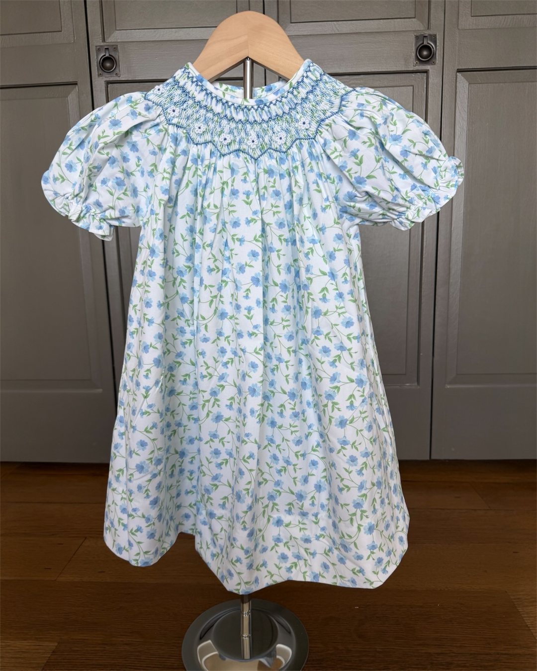 Smocked Glory Blue Floral Bishop Dress