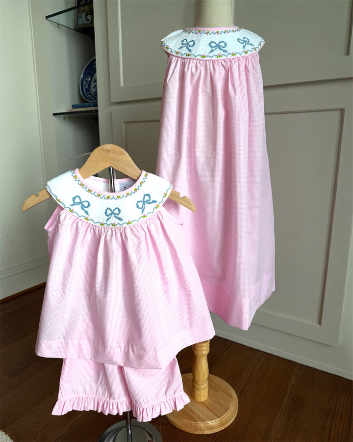 Smocked Bow Pink Check Sleeveless Yoke Dress