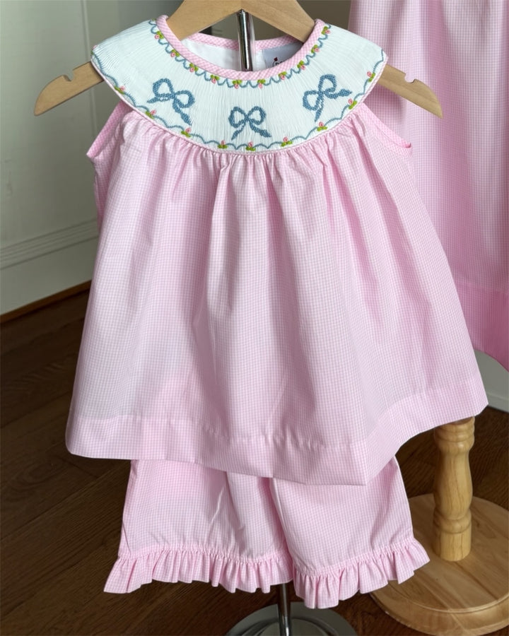 Smocked Bows Yoke Pink Check Girls Short Set