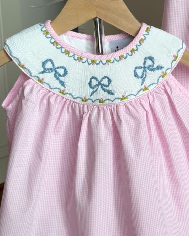 Smocked Bows Yoke Pink Check Girls Short Set