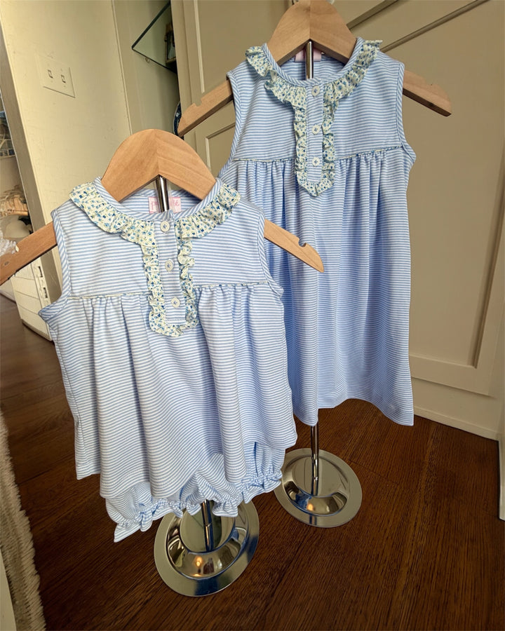Blue Knit Stripe Sleeveless Bloomer Set with Blue Floral Trim Ruffles