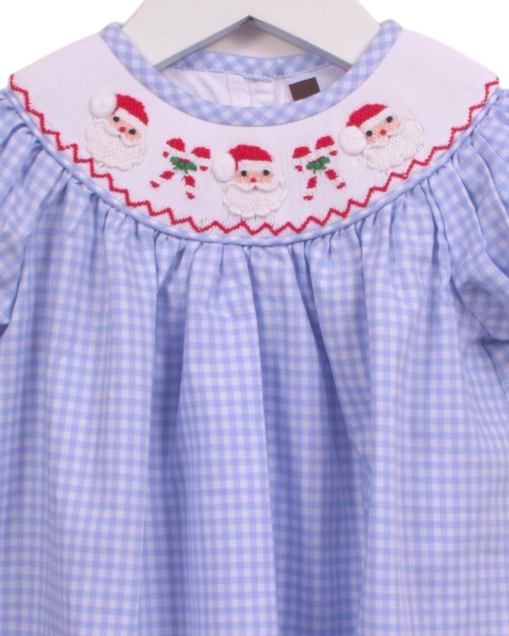 Smocked Ho Ho Ho Blue Gingham Bishop Dress