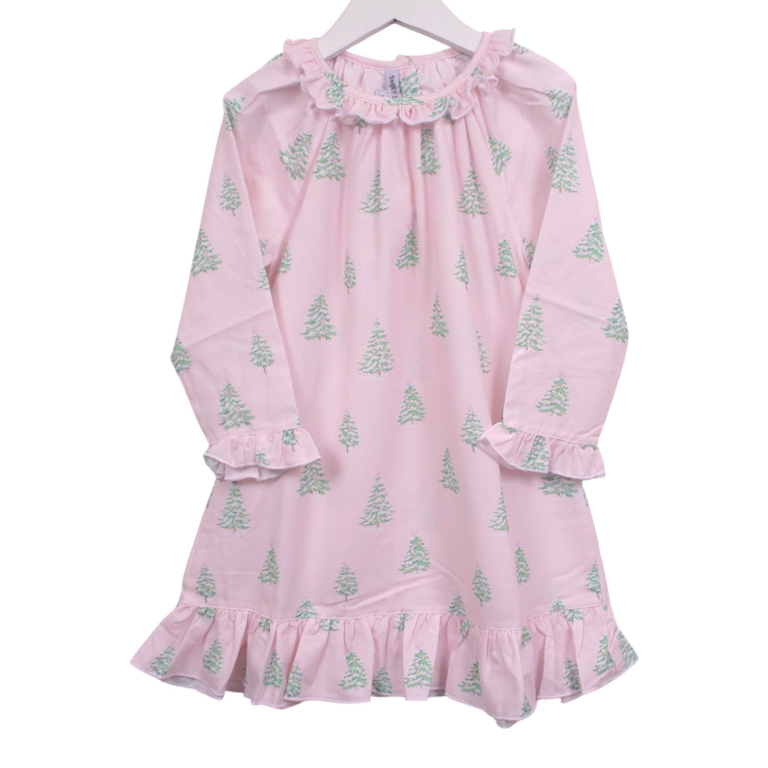 That Store pink long-sleeve nightgown with green Christmas tree print and ruffled neckline, cuffs, and hem.
