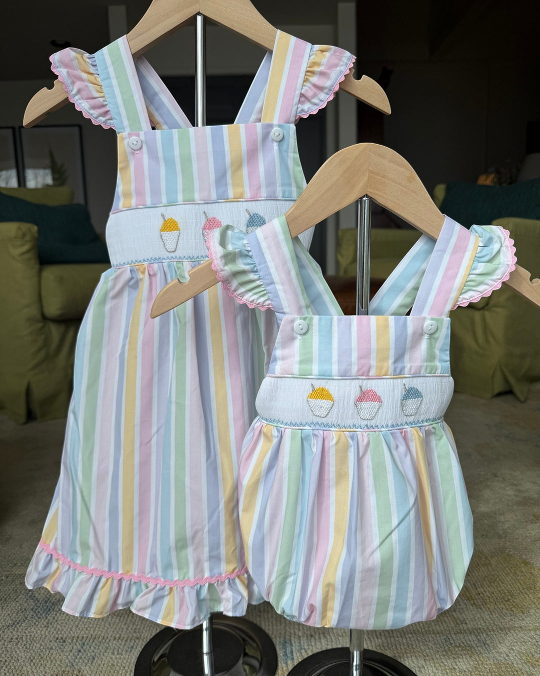Smocked Sally Snowball Striped Ruffle Dress