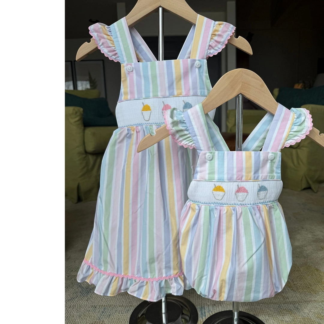 Smocked Sally Snowball Striped Ruffle Dress