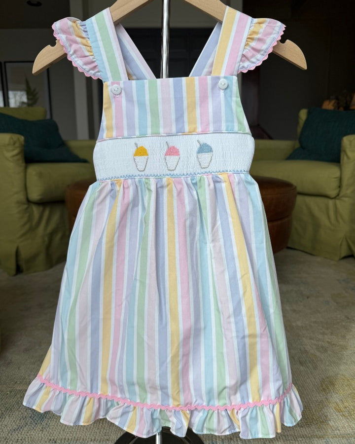Smocked Sally Snowball Striped Ruffle Dress