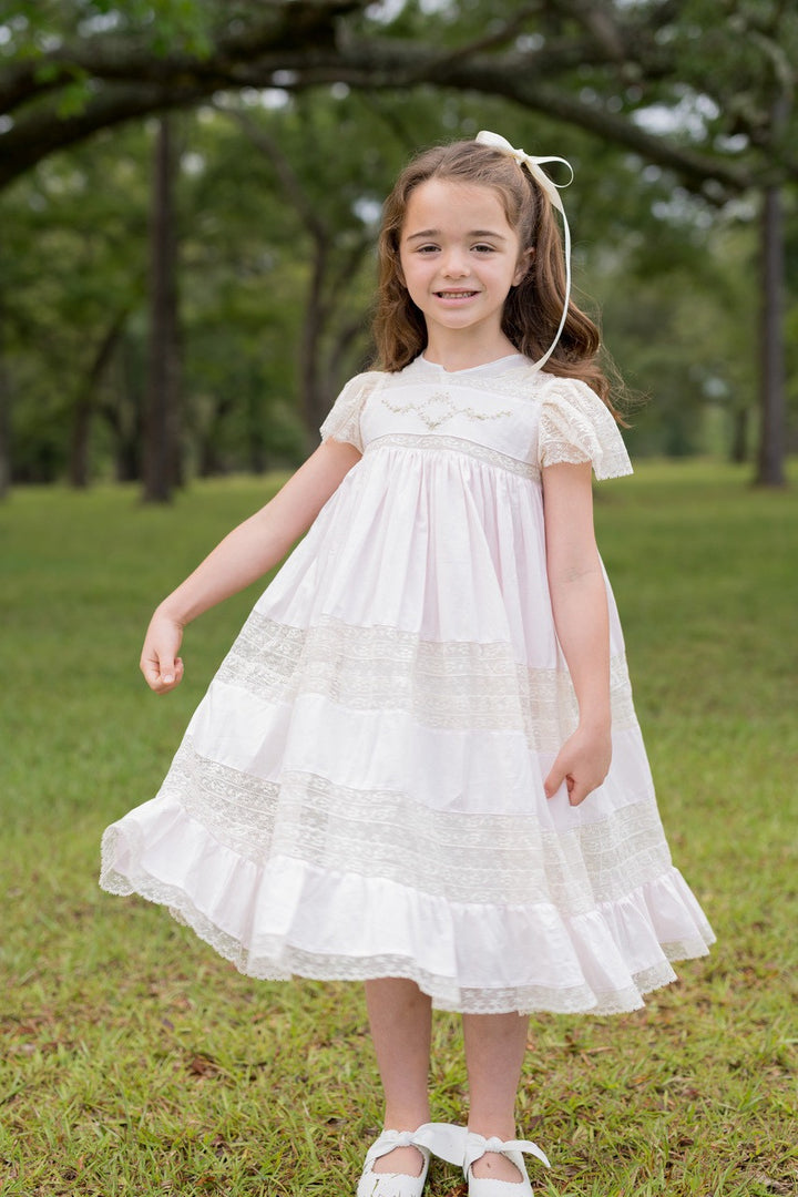 Mary Frances Ecru Lace Heirloom Dress: Pink