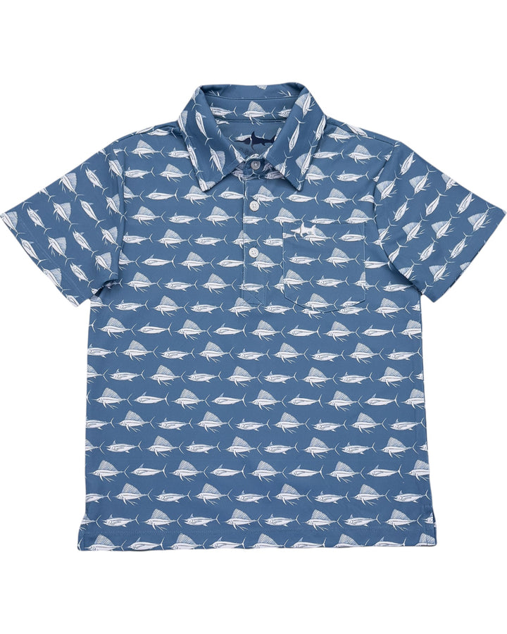 Blue shirt with white airplane pattern on a white background