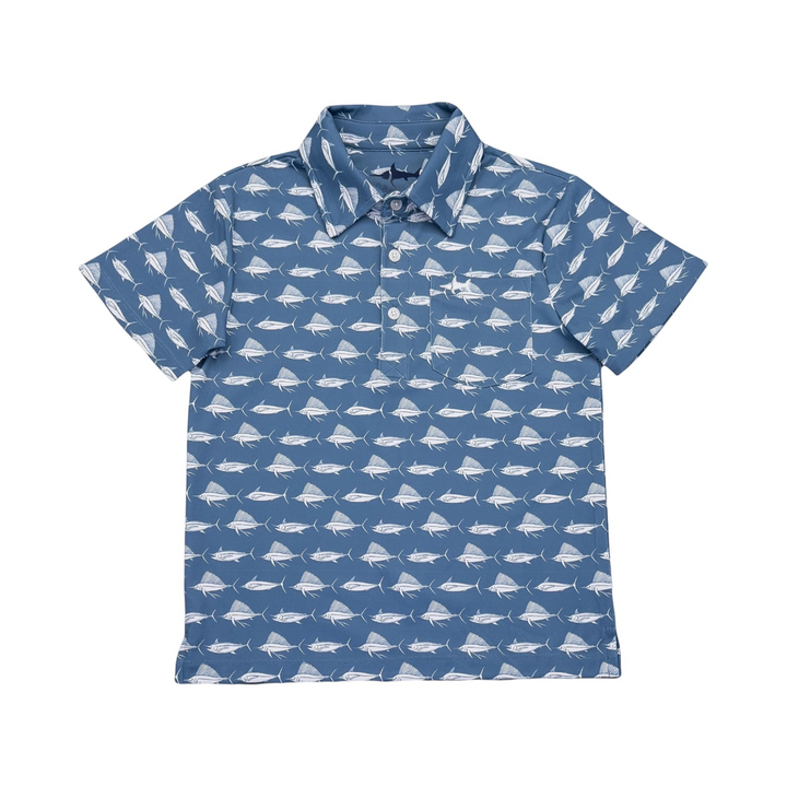 Blue shirt with white airplane pattern on a white background