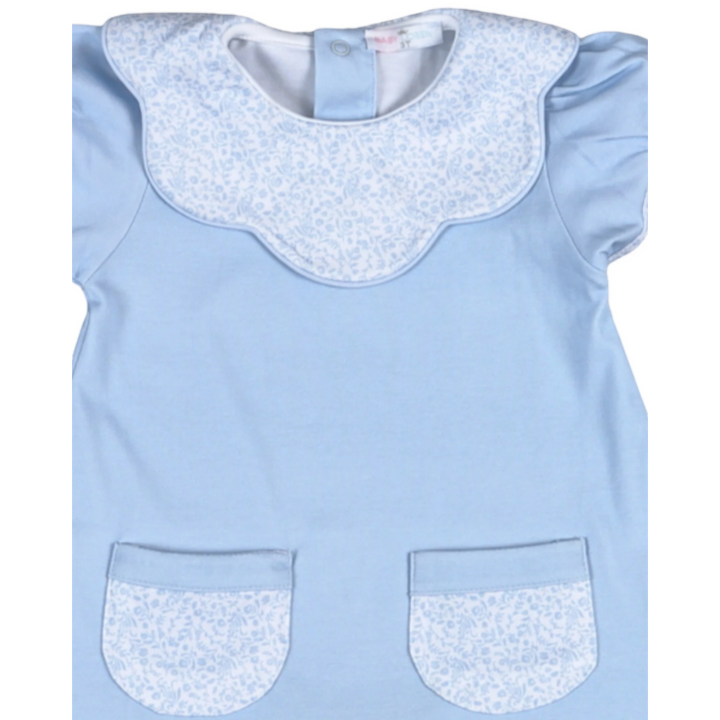 Light blue dress with white floral collar and pocket trim on a white background