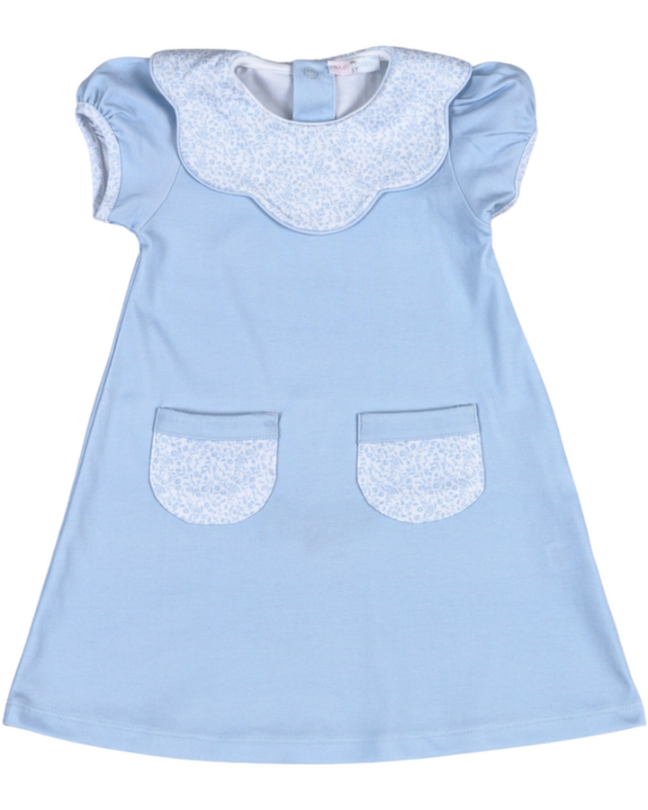 Light blue dress with white floral pattern on a white background