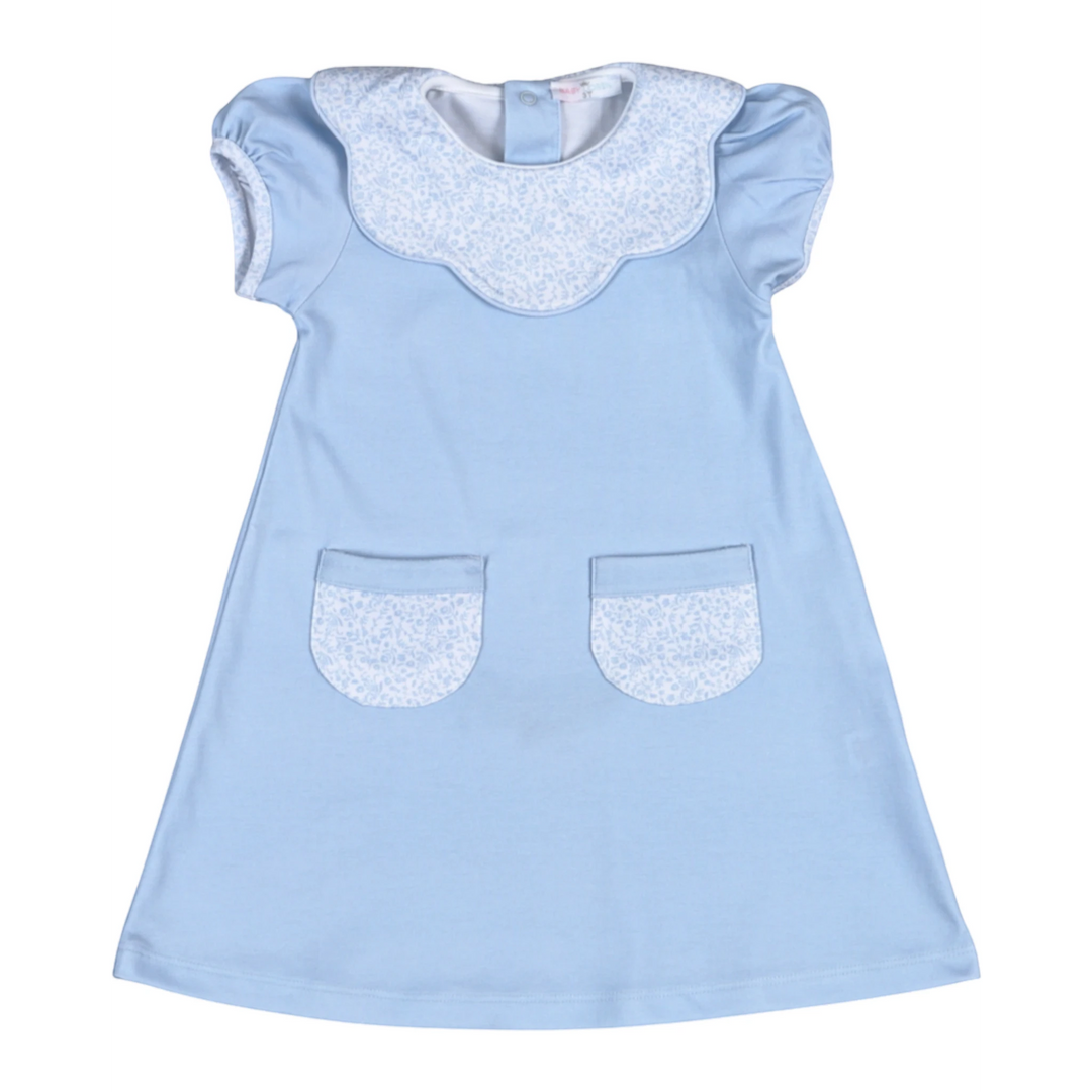 Light blue dress with white floral pattern on a white background