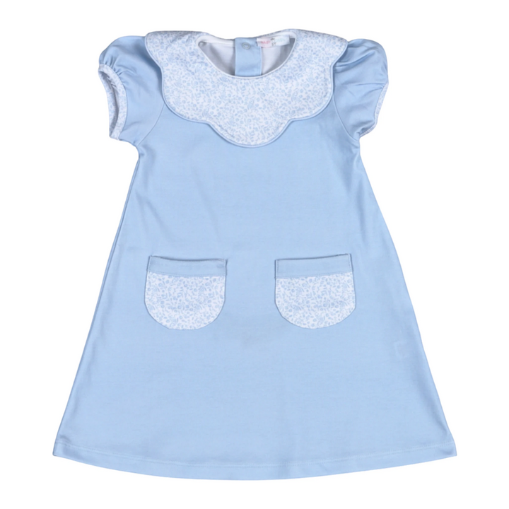 Light blue dress with white floral pattern on a white background