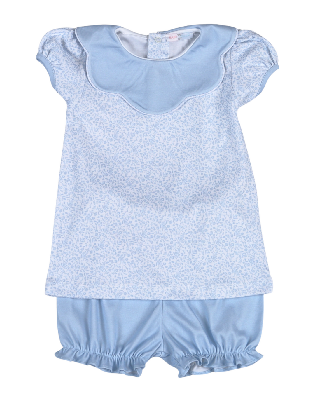 Light blue baby outfit with top and shorts on a white background