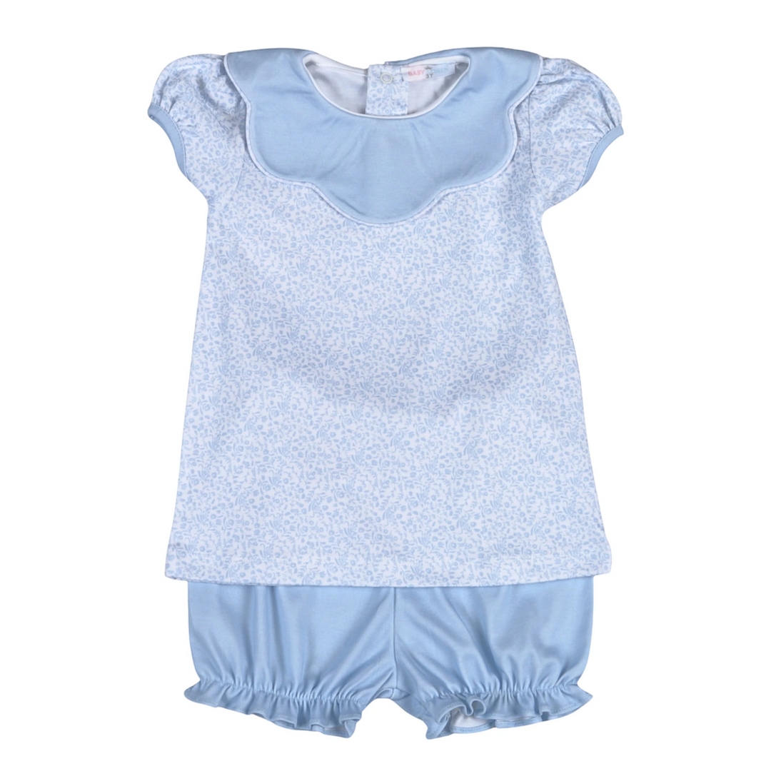 Light blue baby outfit with top and shorts on a white background