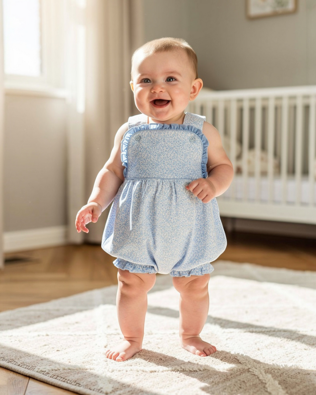 Baby standing on a rug in a room with a crib in the background