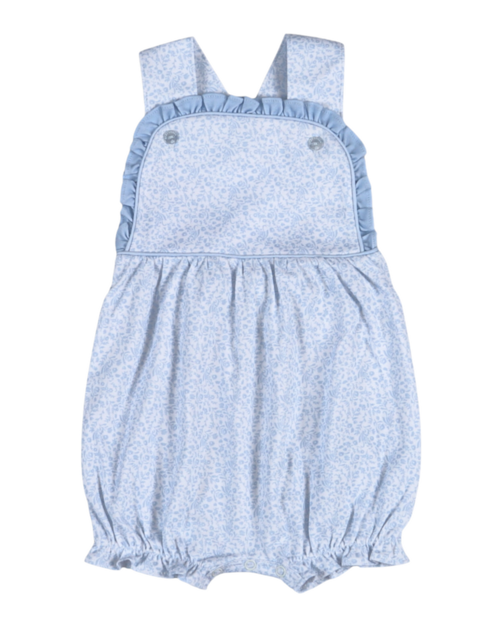 Blue baby romper with ruffled straps on a white background