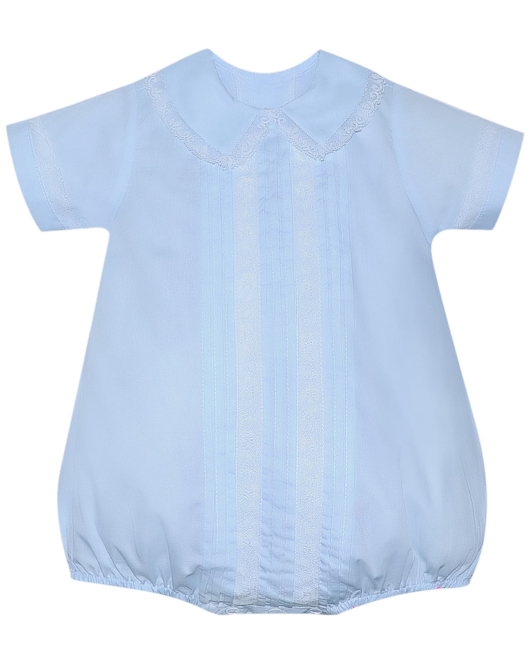 Light blue baby romper with lace details on a white background