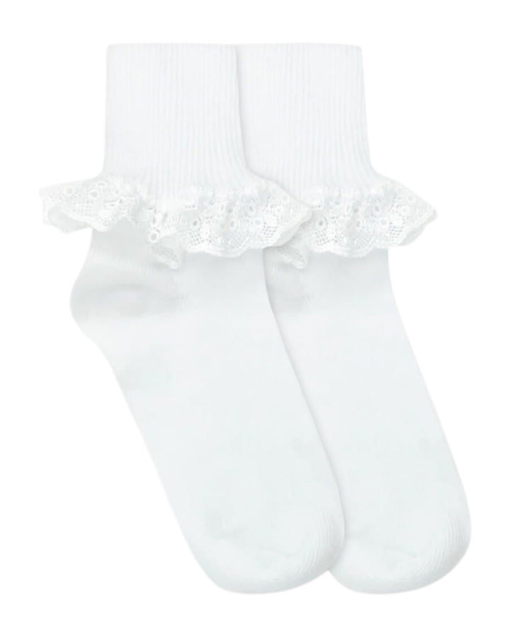 White socks with lace trim on a white background