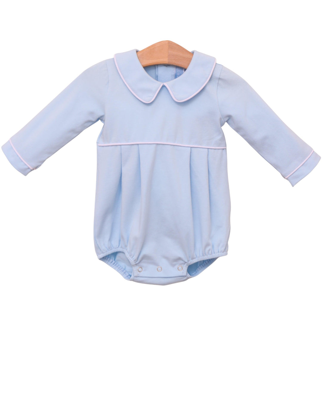 Light blue baby romper with a collar on a white background