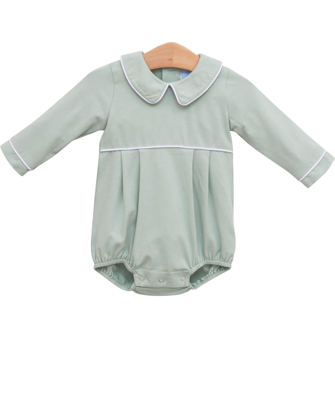 Light green baby romper with a collar on a white background