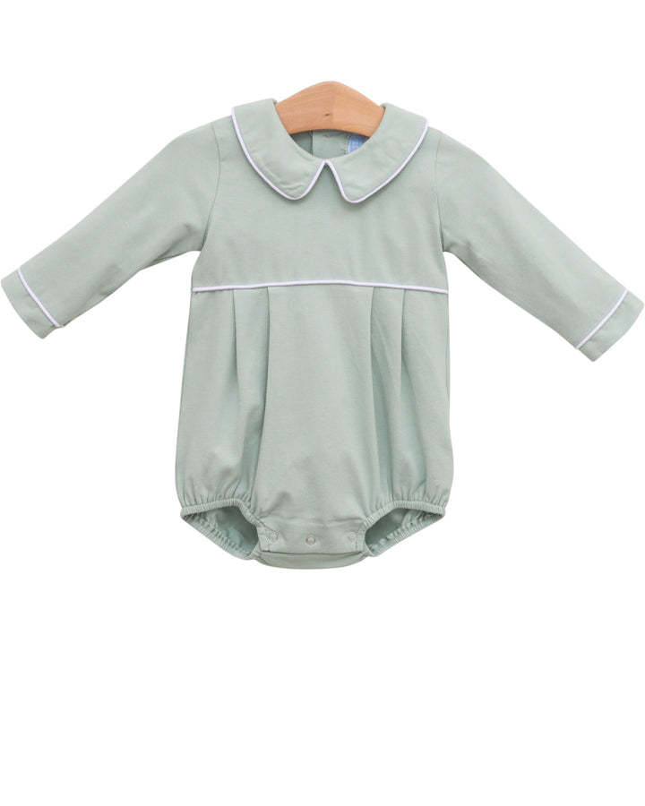Light green baby romper with a collar on a white background