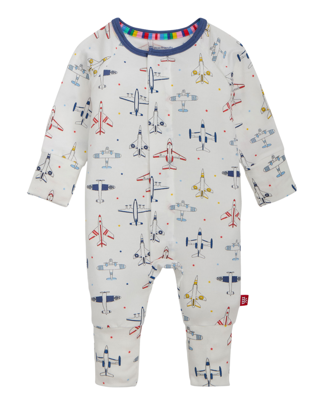 Children's onesie with airplane pattern on a white background