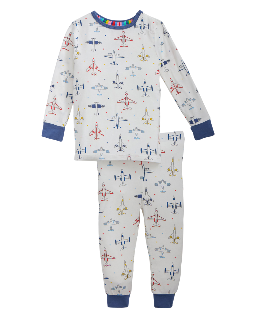 Children's pajama set with airplane pattern on a white background
