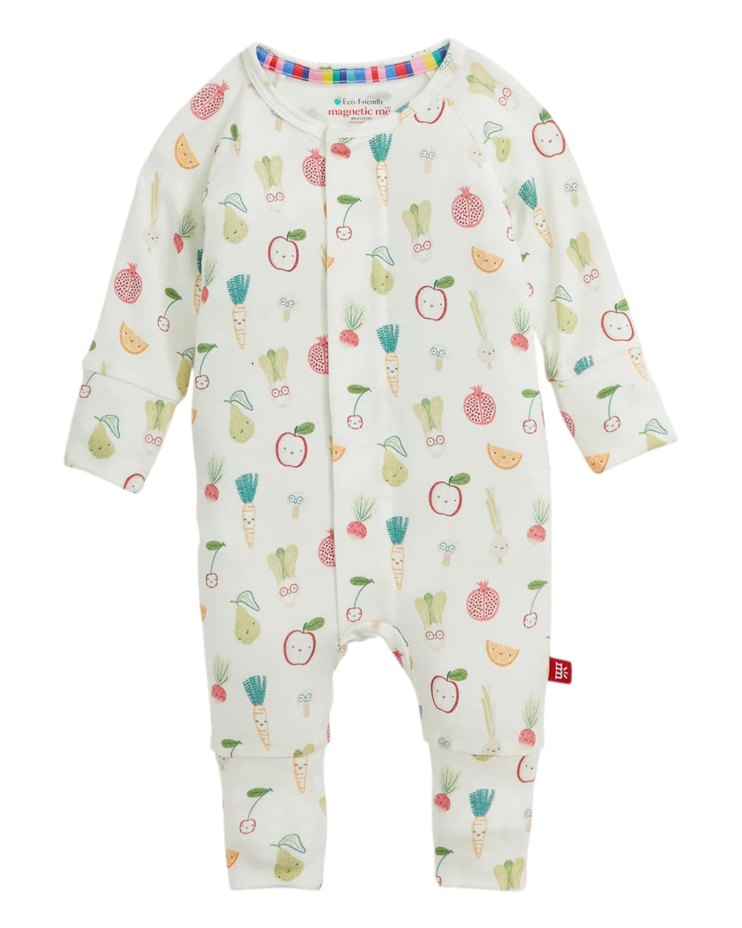 A baby long-sleeve footless one-piece romper in off-white, featuring an all-over colorful vegetable and fruit print including carrots, pears, apples, and strawberries. The brand name &