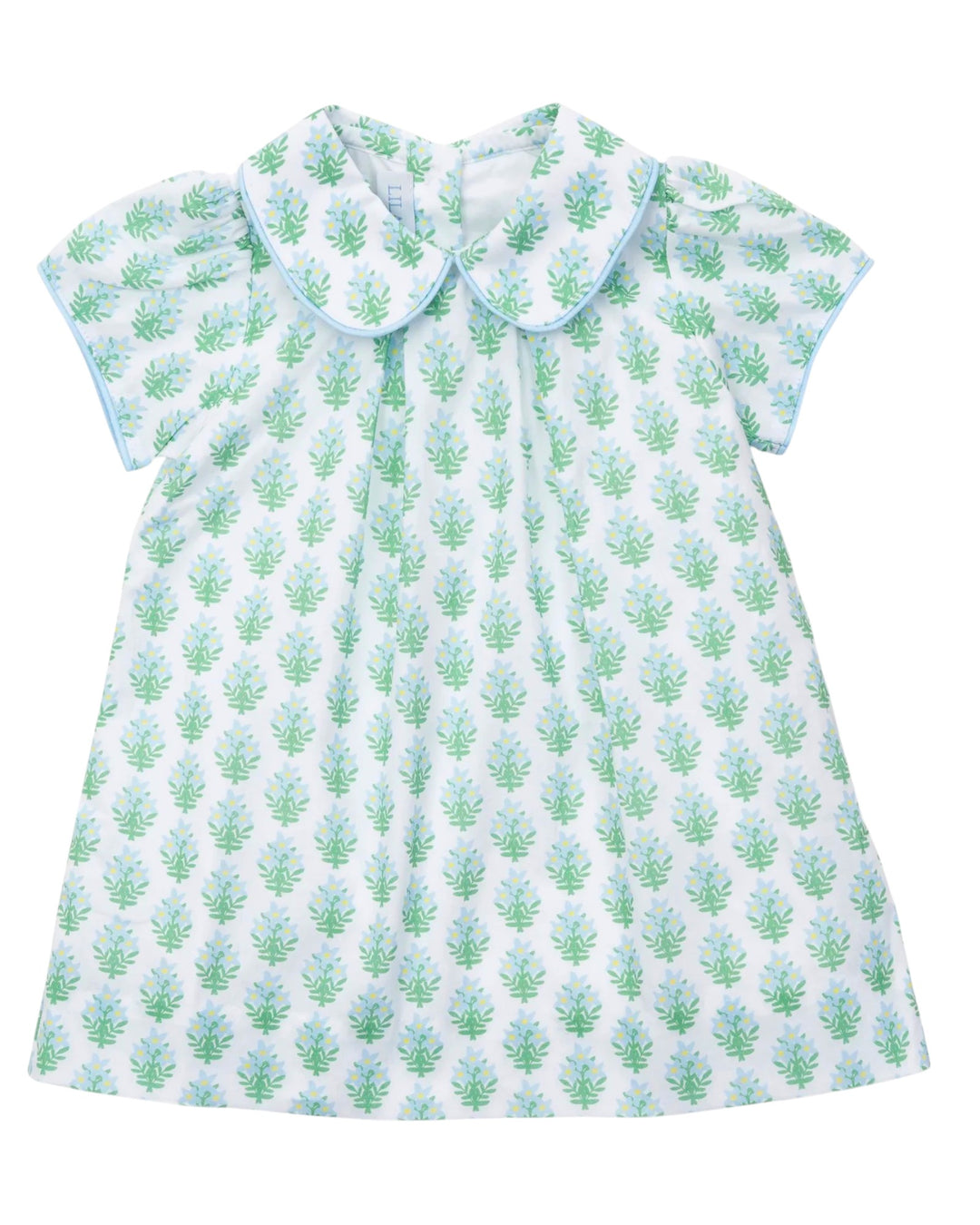 Children's dress with green floral pattern on a white background
