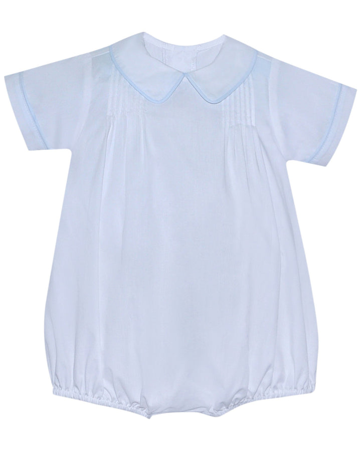 Light blue baby romper with a collar on a white background