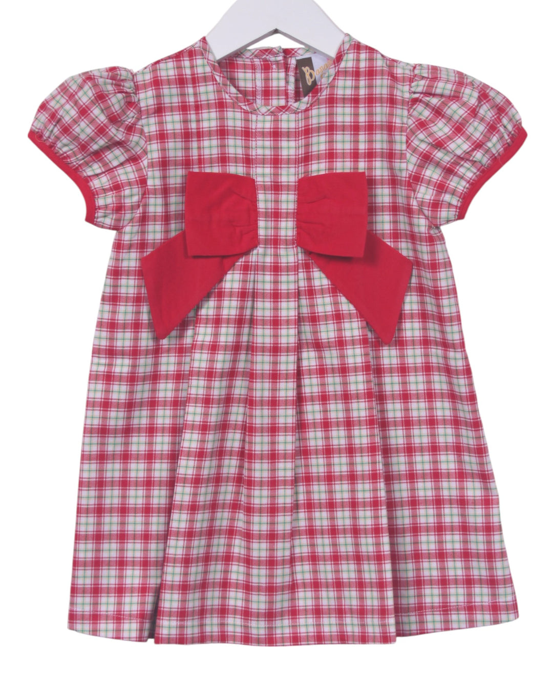 Red and white checkered dress with a large red bow on a white background