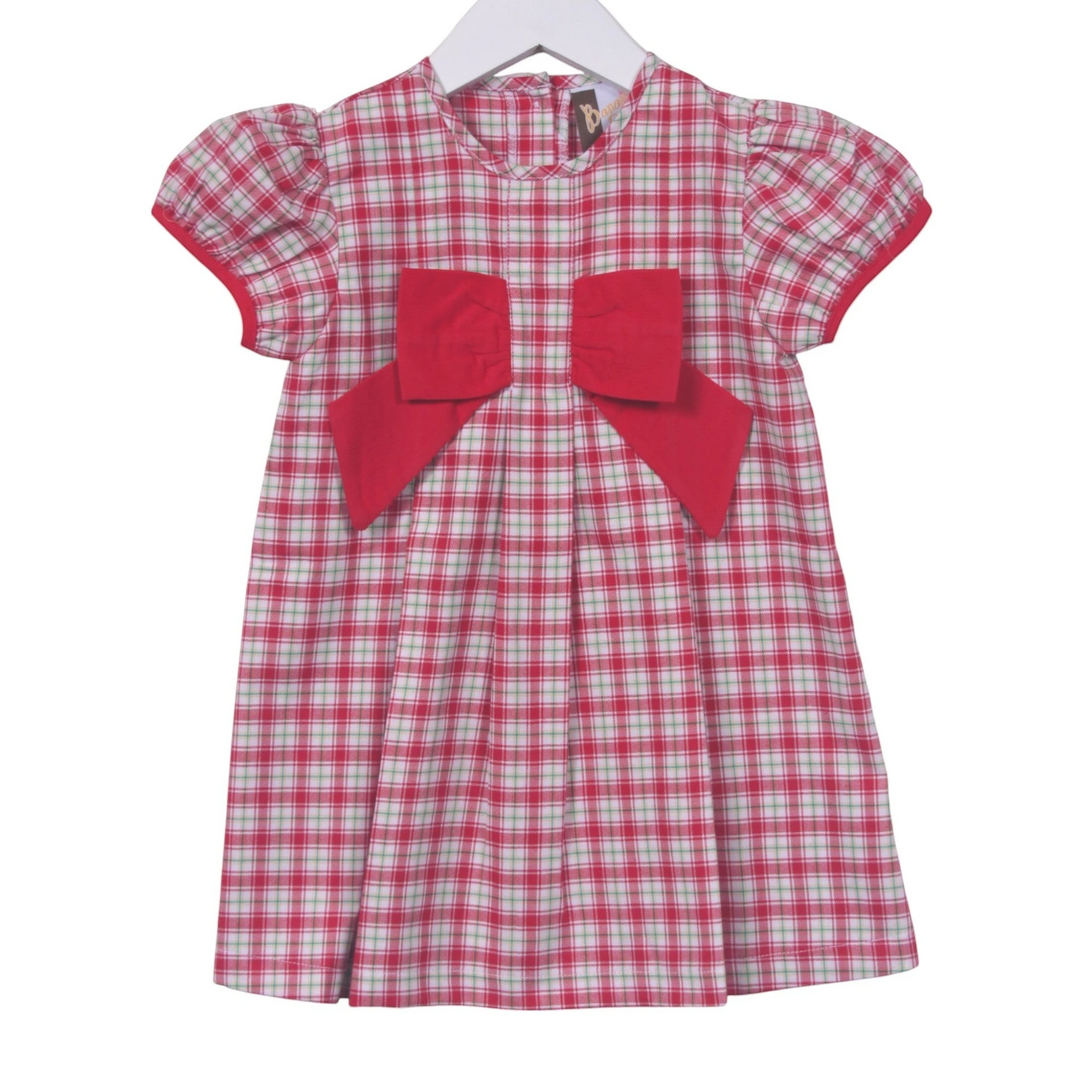 Red and white checkered dress with a large red bow on a white background