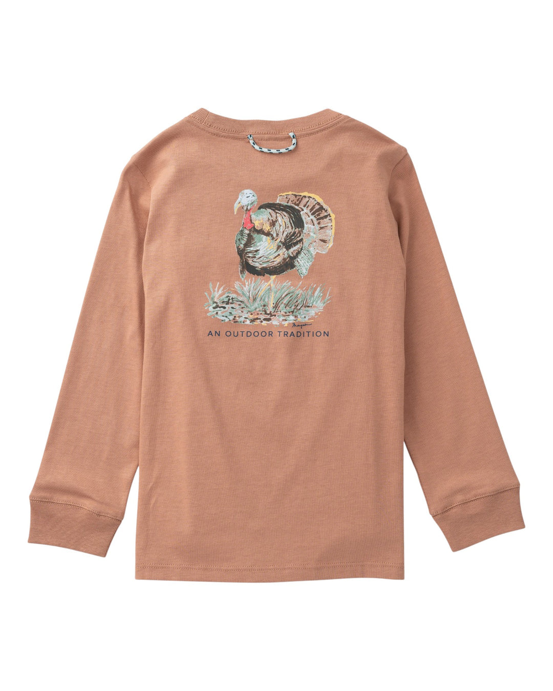 A long-sleeve crewneck t-shirt in a muted terracotta or peachy-brown color, featuring a graphic of a wild turkey sitting on a patch of grass on the back, with the text &