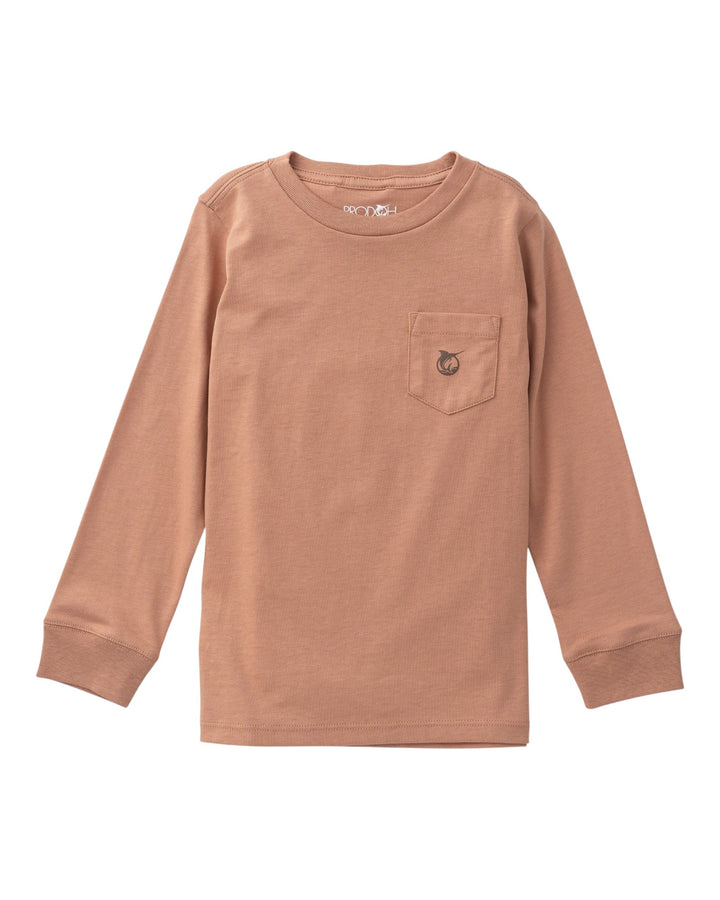 A long-sleeve crewneck shirt in a dusty rose or terracotta color, featuring a left chest pocket with a small embroidered logo, displayed on a clean white background, that store