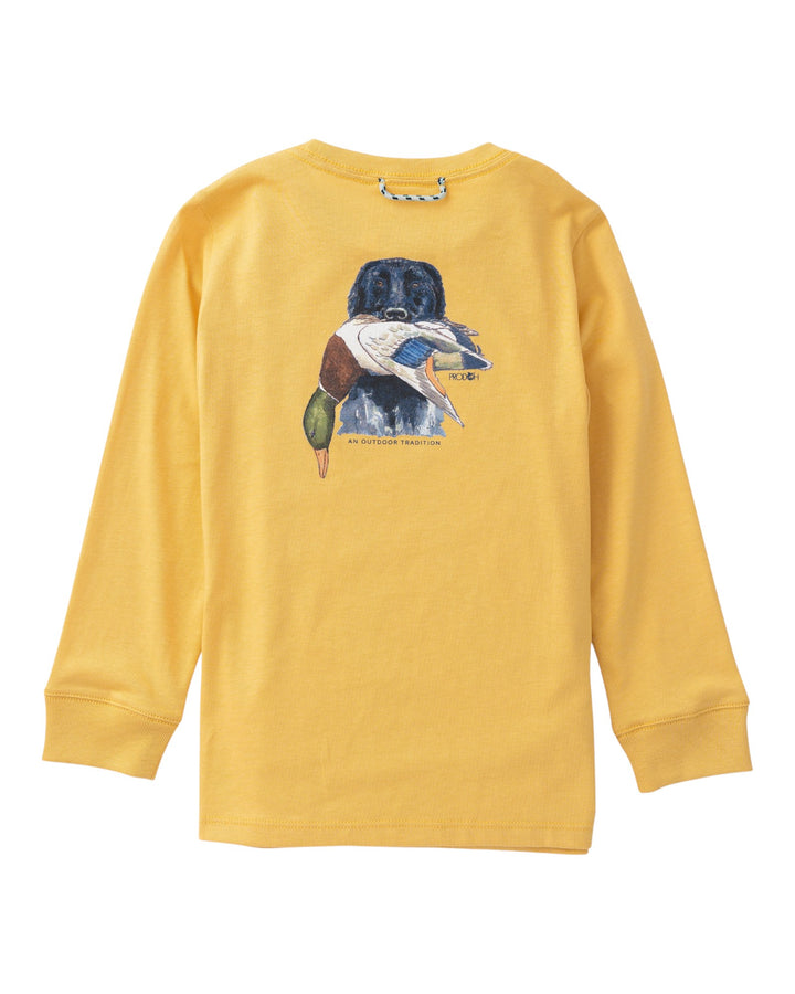 A yellow long-sleeve crewneck sweatshirt featuring a central graphic of a black duck hunting dog holding a duck, with the text &