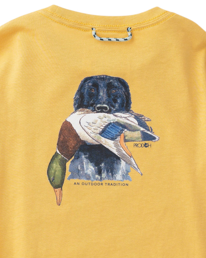 A close-up of a yellow crewneck sweatshirt featuring a graphic of a black Labrador retriever holding a mallard duck, with the text &