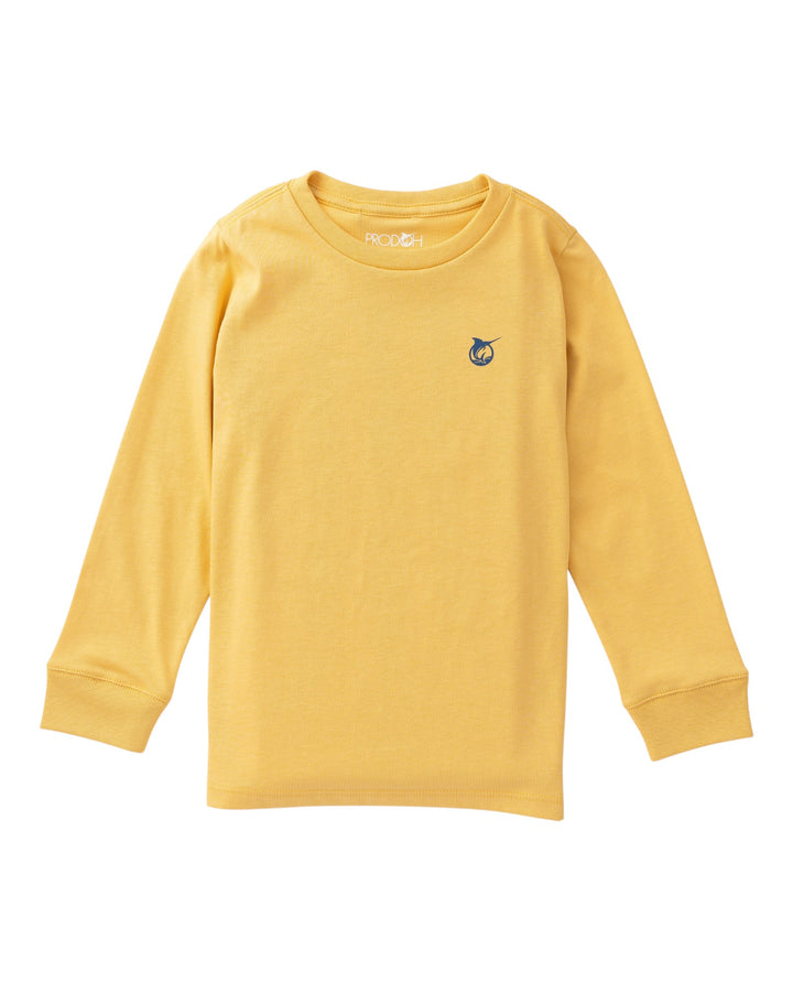 A yellow long-sleeve crewneck shirt with a small blue owl graphic on the left chest, displayed flat against a white background, that store