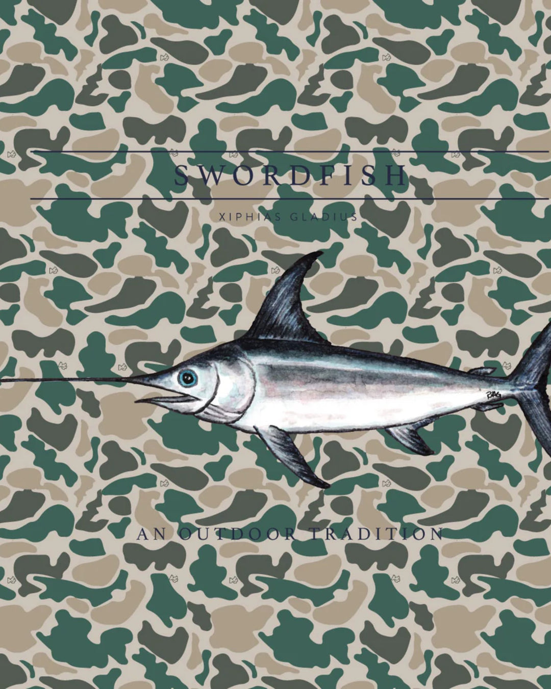 Kid's Pro Performance Hoodie T-shirt in Nuetral Break Point Camo with Swordfish, That Store, close