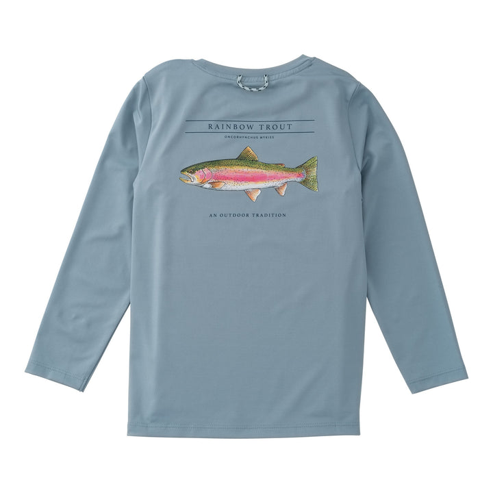 Blue long-sleeve shirt with a rainbow trout graphic on a white background, that store