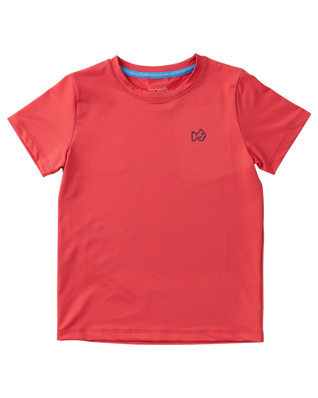 Red t-shirt with a small logo on a white background