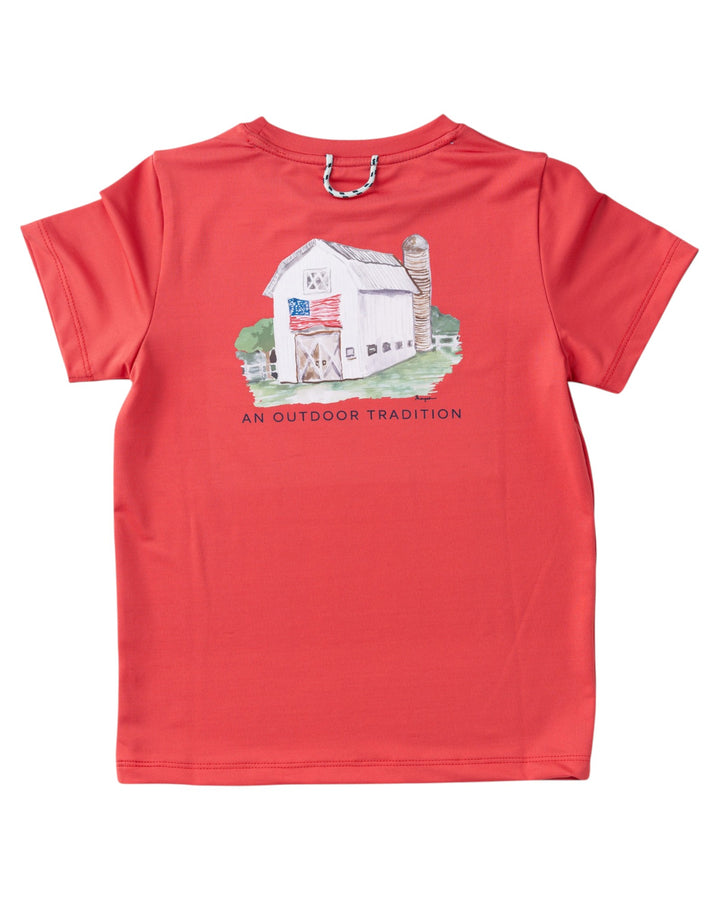 Red t-shirt with a graphic of a barn and American flag on a white background